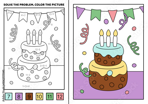 Solve the problem, color the picture. Big Birthday cake with burning candles. Coloring book. Kawaii, vector.