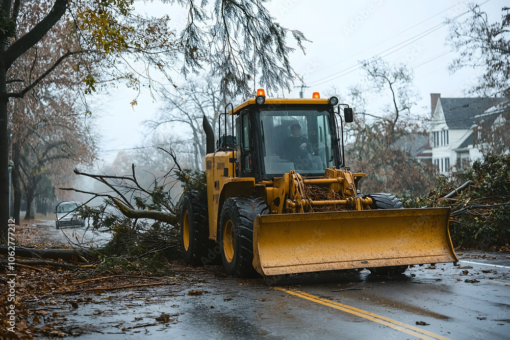 A bulldozer operator removes branches after a storm, with wet streets and overcast skies in a suburban neighborhood A bulldozer operator removes branches after a storm, with wet streets and overcast skies in a suburban neighborhood