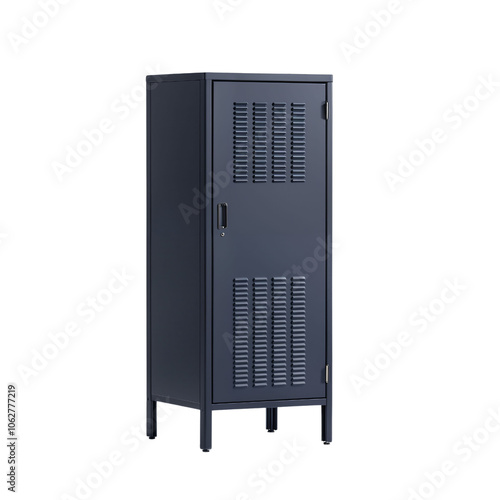 A sleek industrial storage cabinet designed with a minimalist aesthetic, blending functionality and style, perfect for modern spaces like offices or workshops.