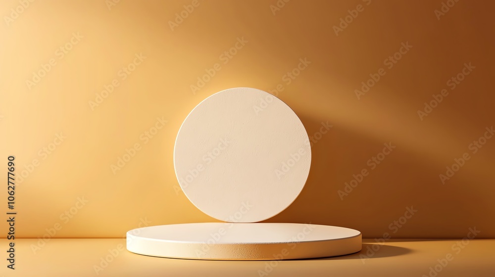 Minimalistic display with a round platform and backdrop, perfect for showcasing products or artwork. Minimalistic display with a round platform and backdrop, perfect for showcasing products or artwork.