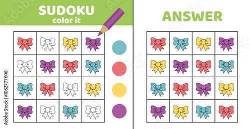 Sudoku. Bow. Coloring sudoku with cute bows. Cartoon.
