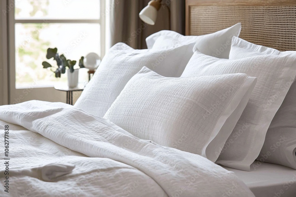 Ein Bett mit weißer Bettwäsche und vielen Kissen Ein Bett mit weißer Bettwäsche und vielen Kissen