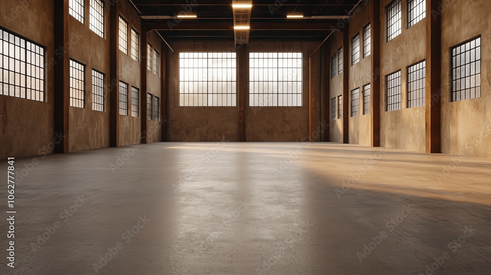 Naklejka premium Spacious industrial warehouse interior with large windows and natural light, empty concrete floor, modern design.
