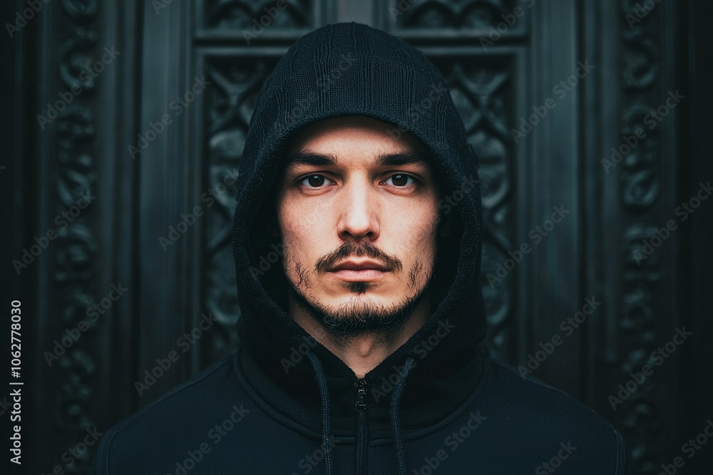 Mysterious Gaze, A hooded man stares intently, his expression a blend of contemplation and quiet Mysterious Gaze, A hooded man stares intently, his expression a blend of contemplation and quiet