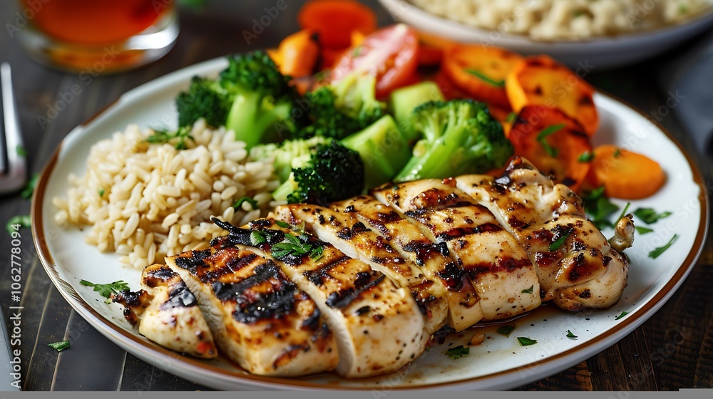 A plate of grilled chicken, brown rice, and steamed vegetables A plate of grilled chicken, brown rice, and steamed vegetables