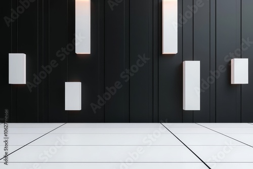 Sleek white panels glow softly against a stark black backdrop, creating a minimalist and modern