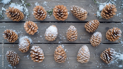 Snow-dusted pine cones and evergreen sprigs arranged on a weathered wooden background, delicate snowfall effect, spacious copyspace in the center, soft winter lighting, serene holiday atmosphere,