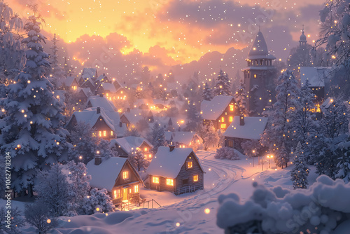 Charming Winter Village Scene at Dusk with Snowfall and Cozy Illuminated Homes