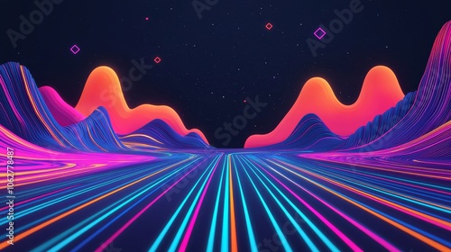 Vibrant Neon Waves Across a Digital Landscape, Under a Starry Sky.