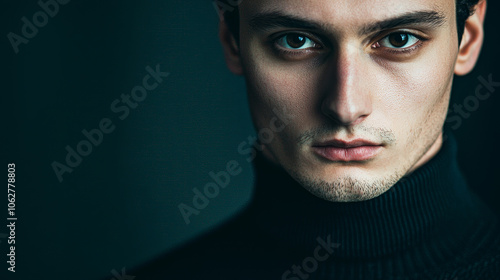 Intense gaze, somber mood, close-up portrait of a young man in a turtleneck, dark background