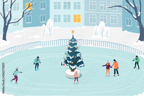 People skate on the outdoor New Year's ice rink. Isometric vector illustration