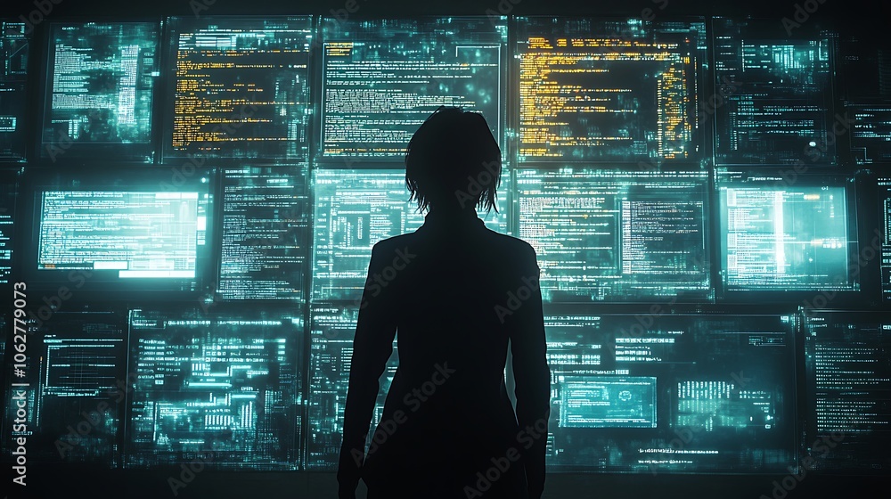A woman stands silhouetted in front of a wall of glowing screens displaying lines of code. A woman stands silhouetted in front of a wall of glowing screens displaying lines of code.