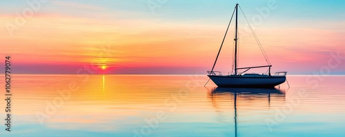 Peaceful sailboat at sunset on calm ocean, vibrant sky colors, serene waters.