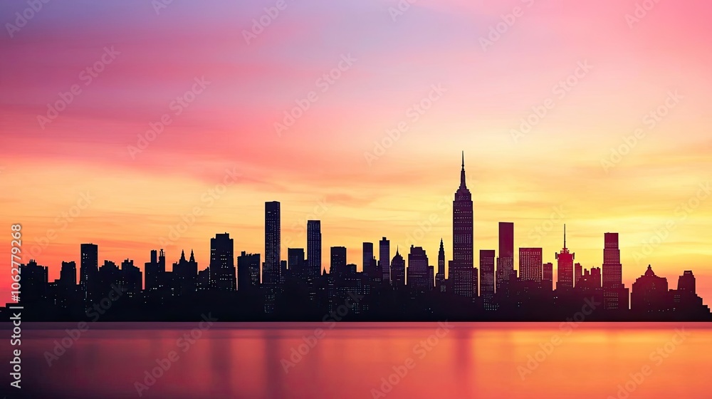 Silhouette of skyscrapers against a vibrant sunset sky. Silhouette of skyscrapers against a vibrant sunset sky.