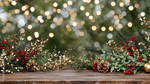 Festive Christmas Table Decor with Ornaments Pinecones and Bokeh Background Lights