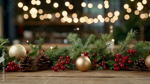 Festive Christmas Table Decor with Ornaments Pinecones and Bokeh Background Lights