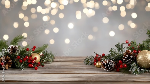 Festive Christmas Table Decor with Ornaments Pinecones and Bokeh Background Lights