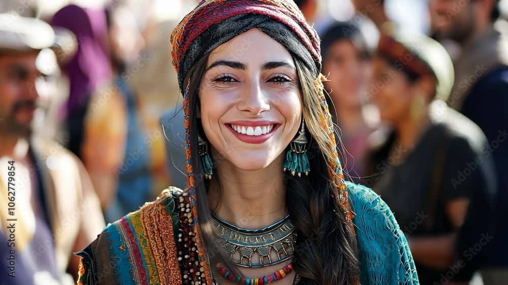 smiling Gypsy girl wearing boho style clothes at bustling street smiling Gypsy girl wearing boho style clothes at bustling street