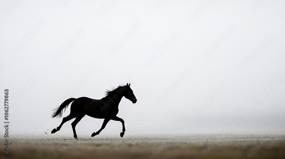 Horse running gracefully in a misty landscape, captured in motion. Horse running gracefully in a misty landscape, captured in motion.