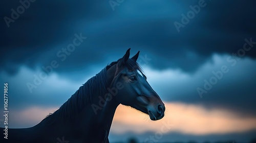 Majestic horse silhouette against a dramatic stormy sky. photo