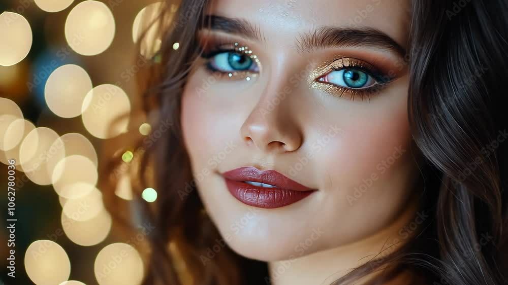 close up face portrait smiling pretty woman with festive glitter glow light whimsical background close up face portrait smiling pretty woman with festive glitter glow light whimsical background