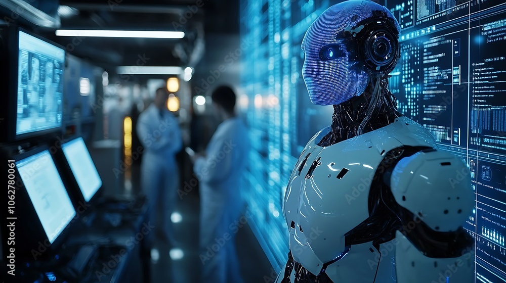 Advanced AI robot in the center of a dark underground lab, surrounded by scientists watching with awe, flickering monitors showing streams of data, blue neon lighting, Advanced AI robot in the center of a dark underground lab, surrounded by scientists watching with awe, flickering monitors showing streams of data, blue neon lighting,