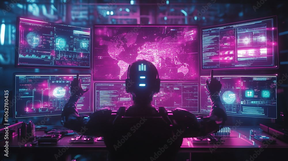 AI robot analyzing multiple holographic data displays, arms extended with holographic panels floating around, surrounded by neon-lit lab equipment, intense atmosphere, AI robot analyzing multiple holographic data displays, arms extended with holographic panels floating around, surrounded by neon-lit lab equipment, intense atmosphere,