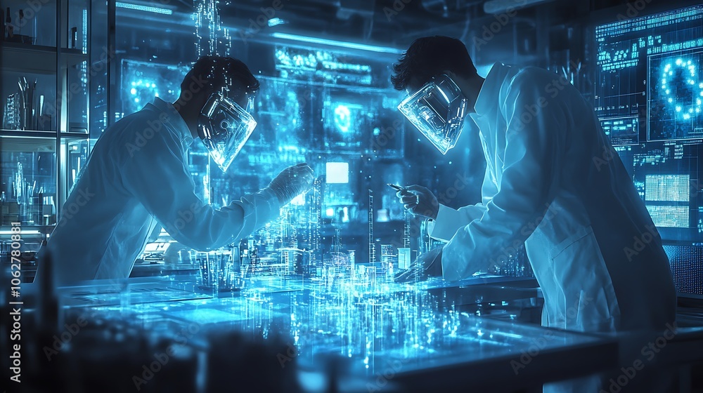 AI robot and scientists studying data in a high-tech lab, surrounded by holographic projections and intricate machinery, metallic surfaces illuminated by soft blue light, intense collaboration, AI robot and scientists studying data in a high-tech lab, surrounded by holographic projections and intricate machinery, metallic surfaces illuminated by soft blue light, intense collaboration,