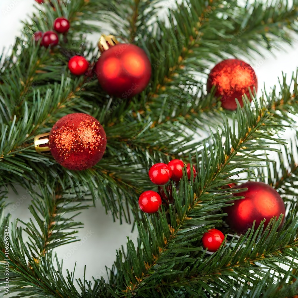 fir tree branches, red decorations on a white background fir tree branches, red decorations on a white background