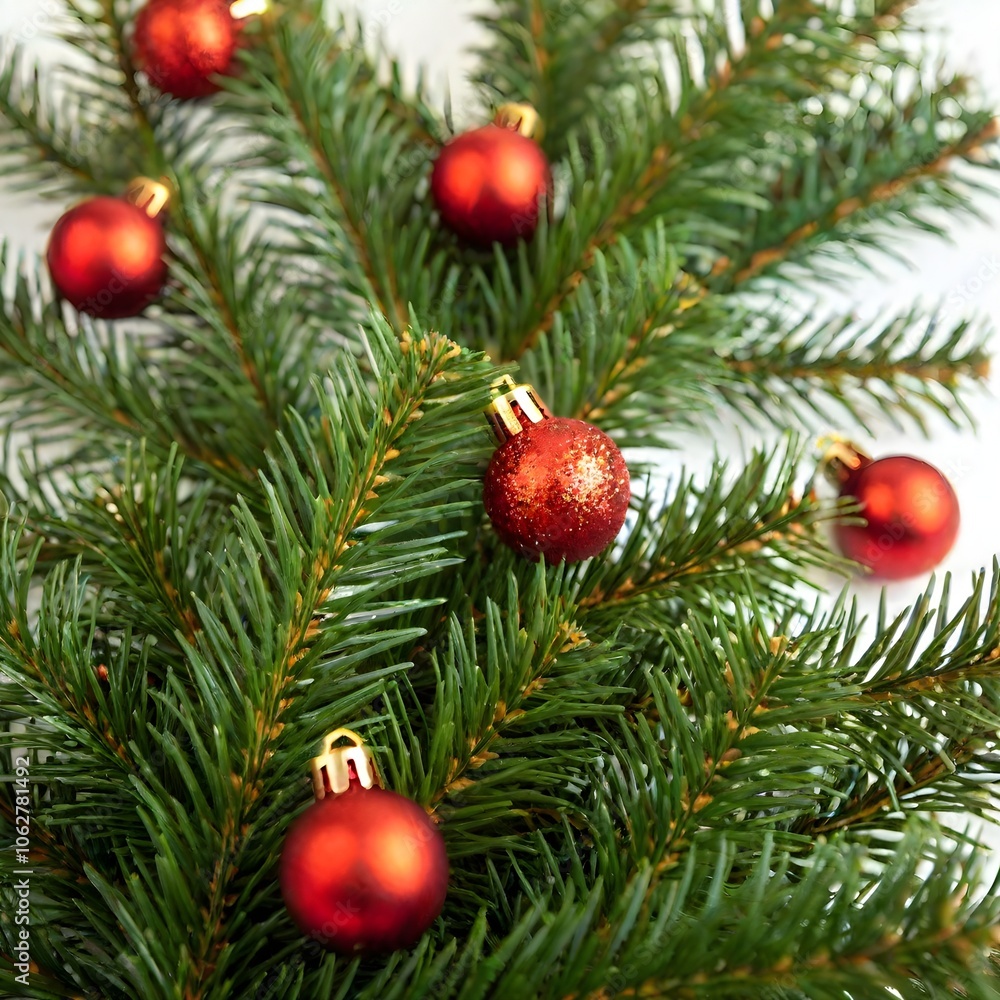fir tree branches, red decorations on a white background fir tree branches, red decorations on a white background