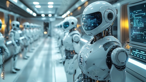 A line of white humanoid robots standing in a futuristic laboratory with a monitor displaying data in the background.