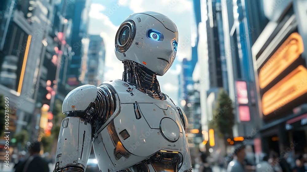 AI robot casually walking alongside humans in a high-tech urban plaza, towering skyscrapers with neon accents in the background, soft reflections on its metallic surface, AI robot casually walking alongside humans in a high-tech urban plaza, towering skyscrapers with neon accents in the background, soft reflections on its metallic surface,