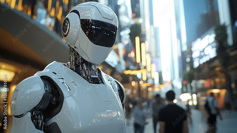 AI robot casually walking alongside humans in a high-tech urban plaza, towering skyscrapers with neon accents in the background, soft reflections on its metallic surface, AI robot casually walking alongside humans in a high-tech urban plaza, towering skyscrapers with neon accents in the background, soft reflections on its metallic surface,