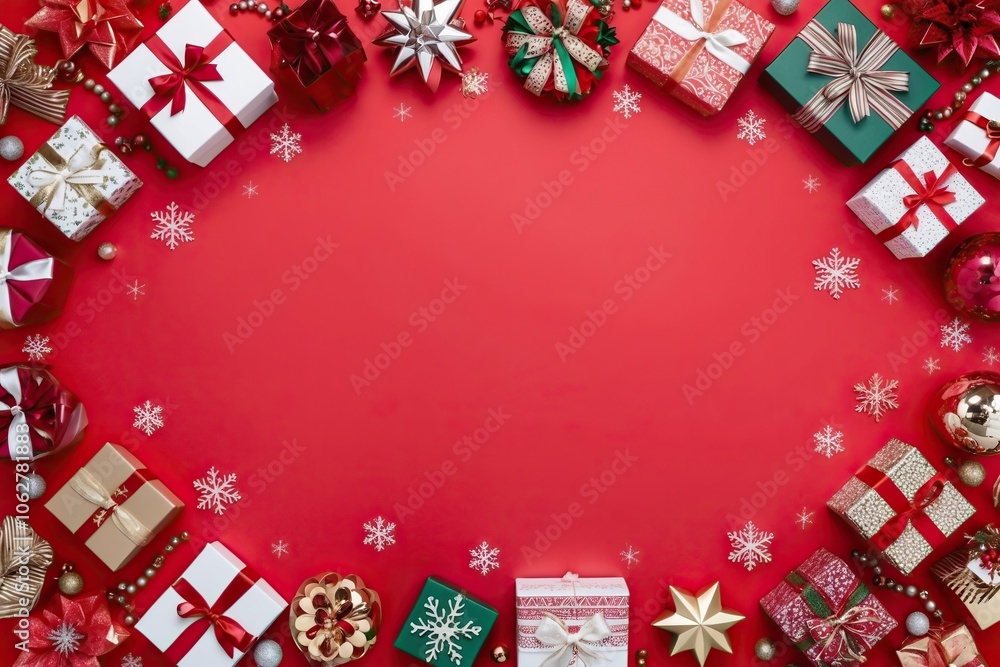 Christmas or Happy New Year composition. Frame made of fir branches, gift boxes and holiday decorations on red background Christmas or Happy New Year composition. Frame made of fir branches, gift boxes and holiday decorations on red background