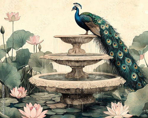 peacock vintage garden illustration Peacock beside a vintage fountain, serene setting