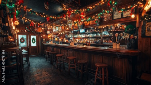 Warm Glow of Holiday Lights in a Cozy Rustic Irish Pub