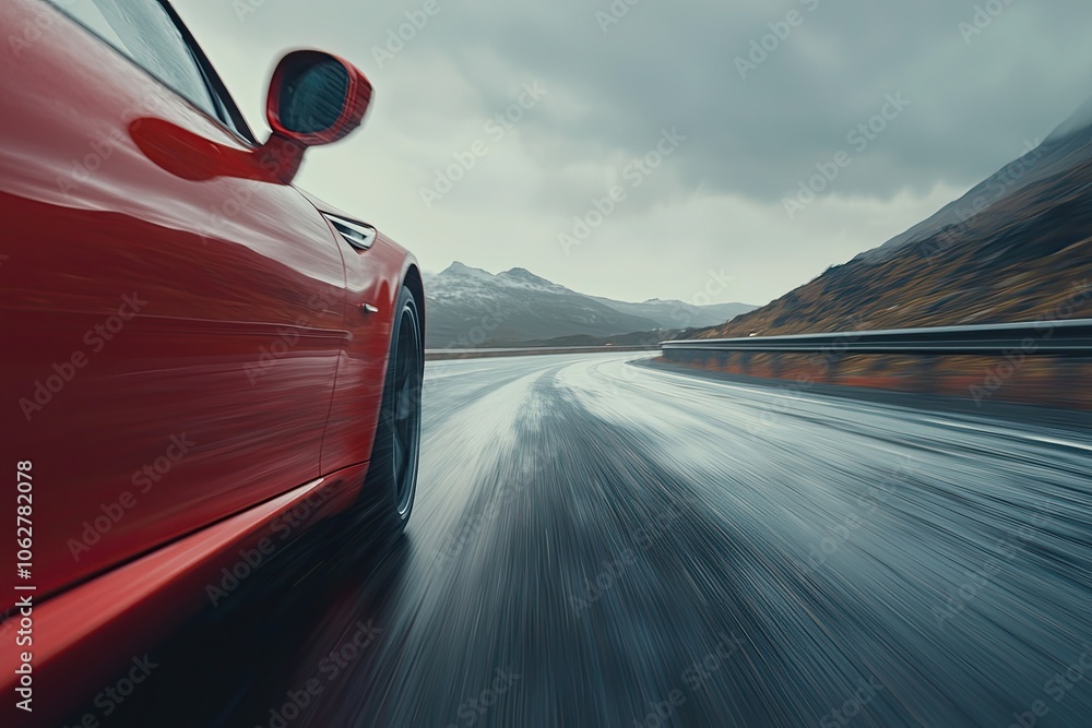 Obraz premium Close-up of a red car driving on a highway road, with a motion blur background, cloudy sky, and a mountain landscape