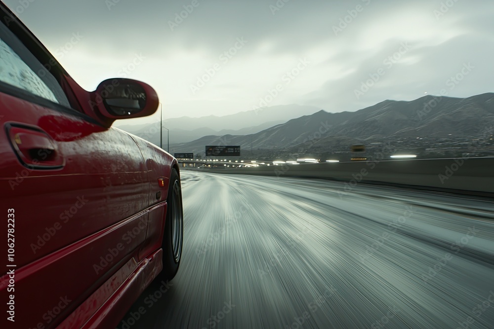 Obraz premium Close-up of a red car driving on a highway road, with a motion blur background, cloudy sky, and a mountain landscape