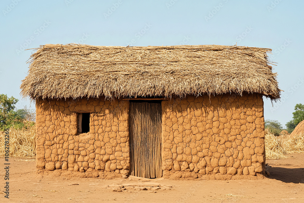 A traditional mud-brick house in a remote village in Mali, with the desert in the background A traditional mud-brick house in a remote village in Mali, with the desert in the background
