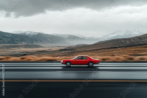 Close-up of a red car driving on a highway road, with a motion blur background, cloudy sky, and a mountain landscape