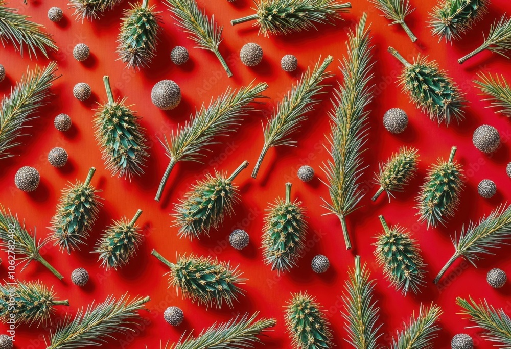 Seamless pattern with pine cones and branches on colorful background. AI generation Seamless pattern with pine cones and branches on colorful background. AI generation