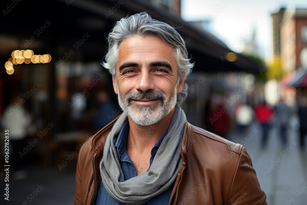Portrait of a handsome middle-aged man with gray hair and beard in the city Portrait of a handsome middle-aged man with gray hair and beard in the city