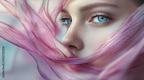 beauty portrait of a woman with a flying translucent fabric that blows around her face