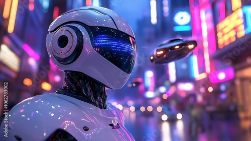 AI robot gazing up at flying cars in a bustling cyberpunk city, surrounded by sleek futuristic buildings with neon lights glowing in blue and purple,