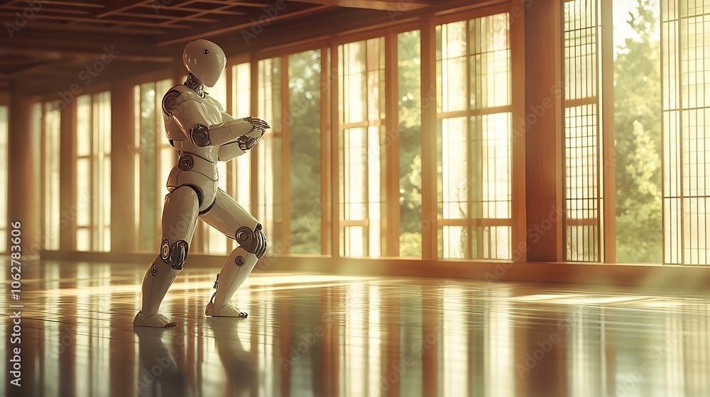 AI robot in a dojo, performing a graceful martial arts kata, soft light filtering through paper windows, calm and focused expression, detailed metallic textures, wooden beams and floor reflections, AI robot in a dojo, performing a graceful martial arts kata, soft light filtering through paper windows, calm and focused expression, detailed metallic textures, wooden beams and floor reflections,