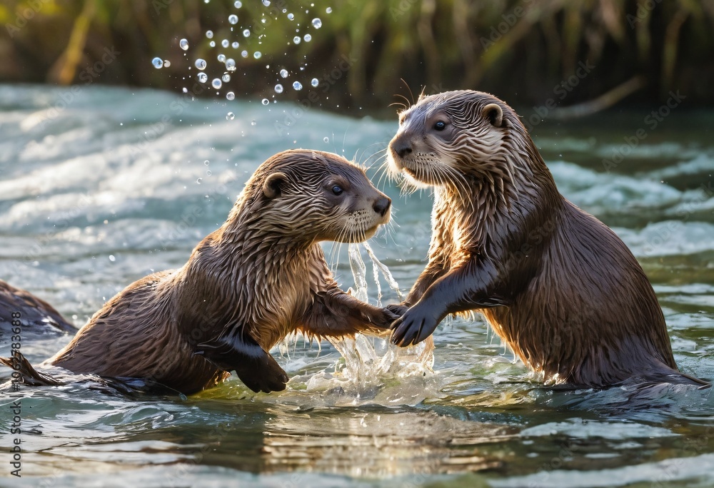 Two otters playfully tumbling in a crystal-clear river, with sunlight streaming through the water. Their fur glistens as they swim and splash. Ai generated image. Two otters playfully tumbling in a crystal-clear river, with sunlight streaming through the water. Their fur glistens as they swim and splash. Ai generated image.
