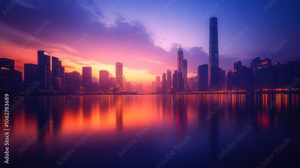 Fototapeta premium Guangzhou skyline reflecting in pearl river at sunset