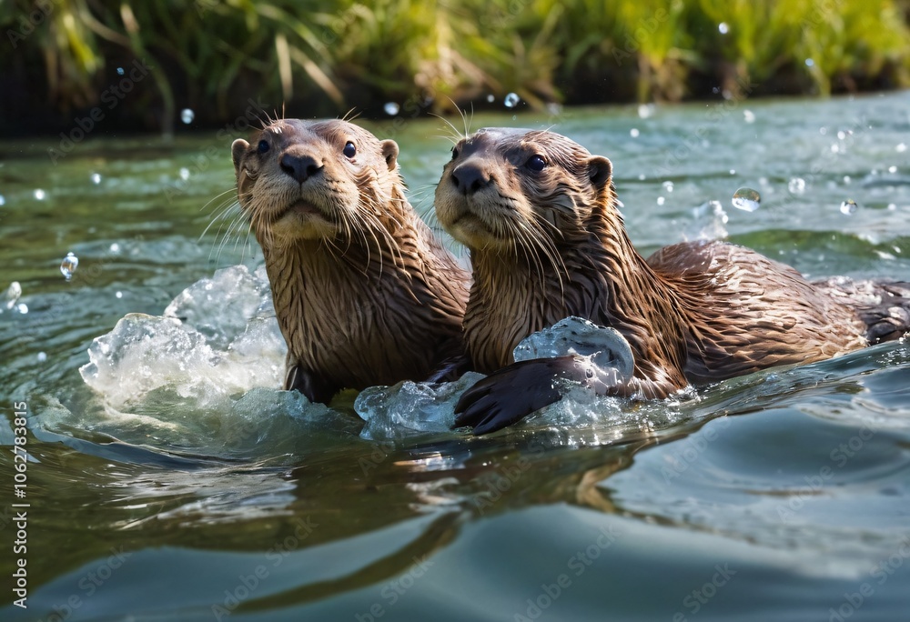 Two otters playfully tumbling in a crystal-clear river, with sunlight streaming through the water. Their fur glistens as they swim and splash. Ai generated image. Two otters playfully tumbling in a crystal-clear river, with sunlight streaming through the water. Their fur glistens as they swim and splash. Ai generated image.