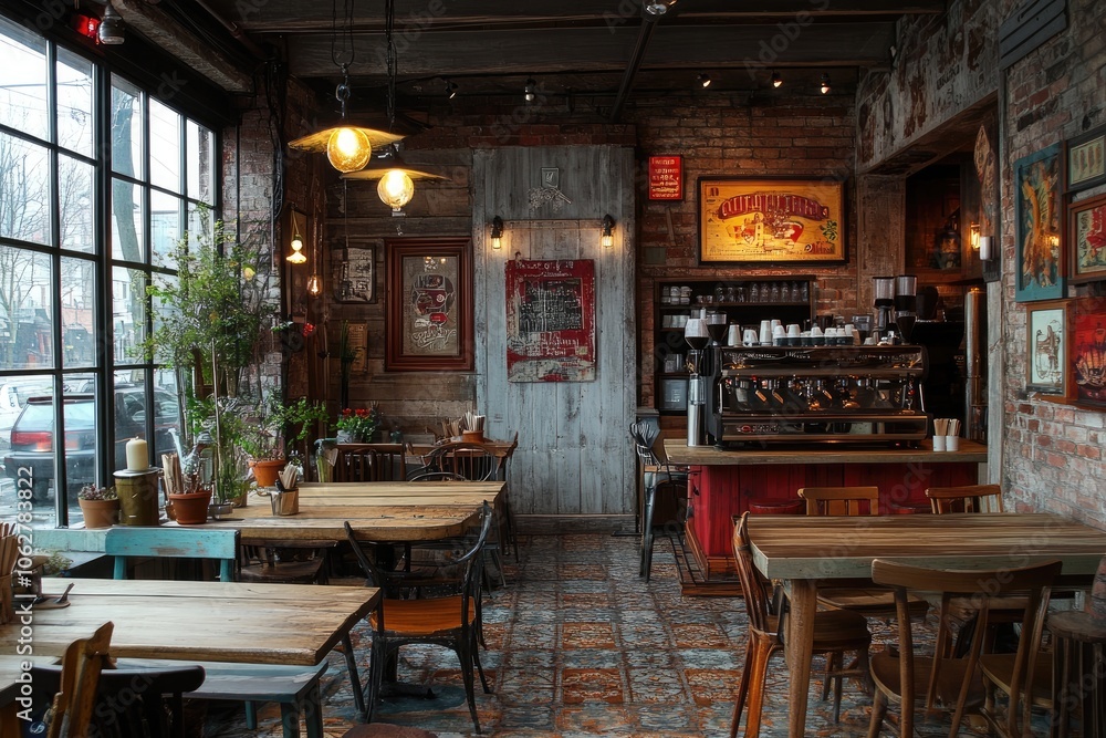 Fototapeta premium Empty coffee shop showing rustic interior design with exposed brick and vintage furniture