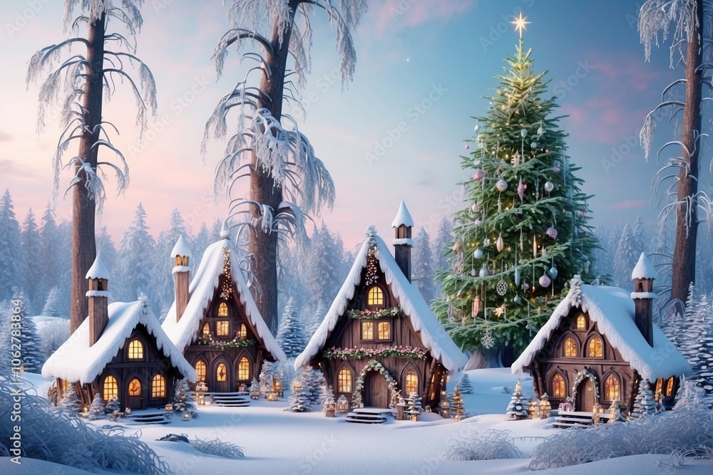 Beautiful winter house and christmas tree on the mountain
Beautiful winter house and christmas tree on the mountain